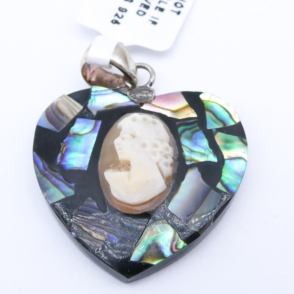 Carved Cameo Abalone Heart Sterling Silver New Djoy 1.4" Necklace Pendant
